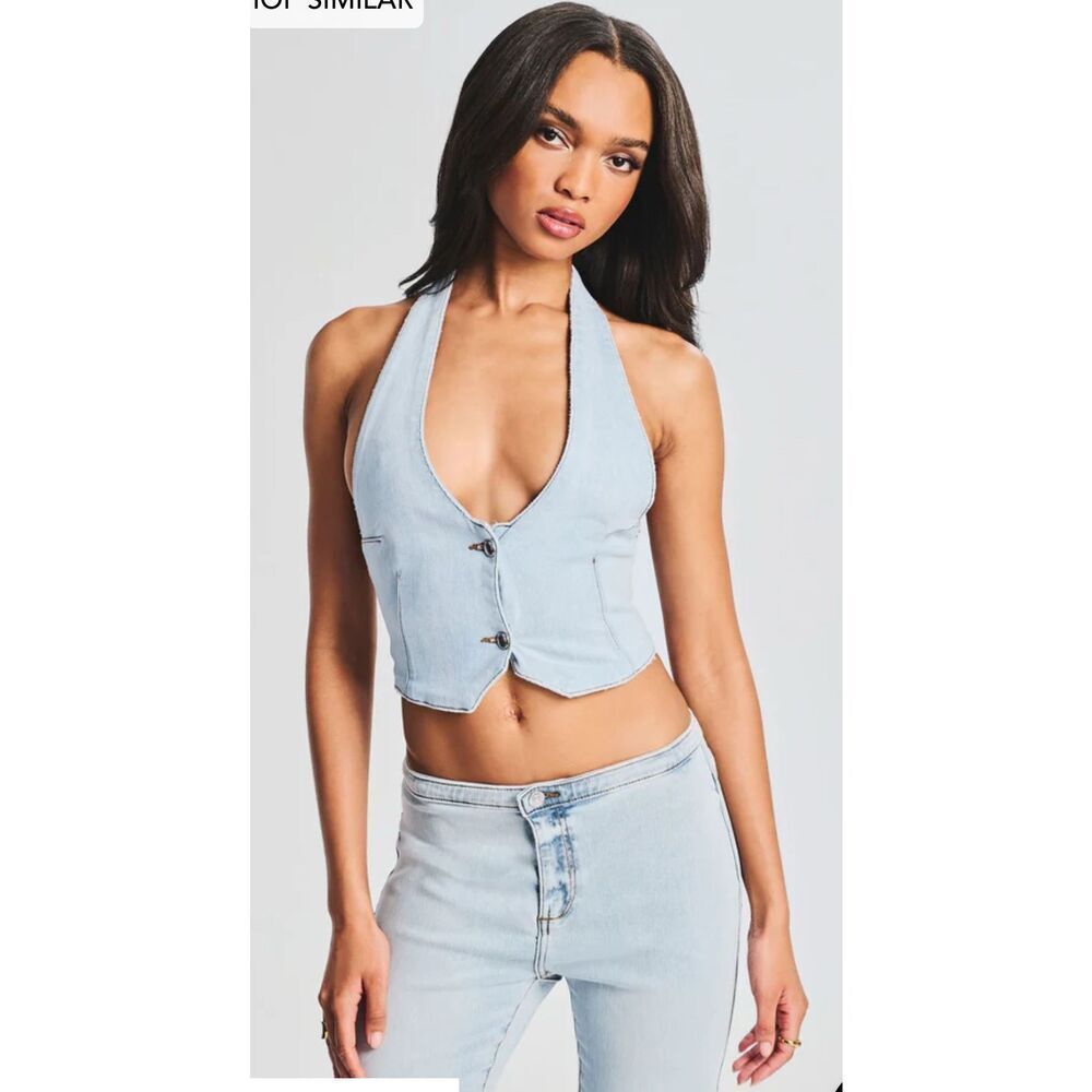SER.O.YA Denim Manny Vest Womens XS Skylight Halter Cropped NWT Missing Button